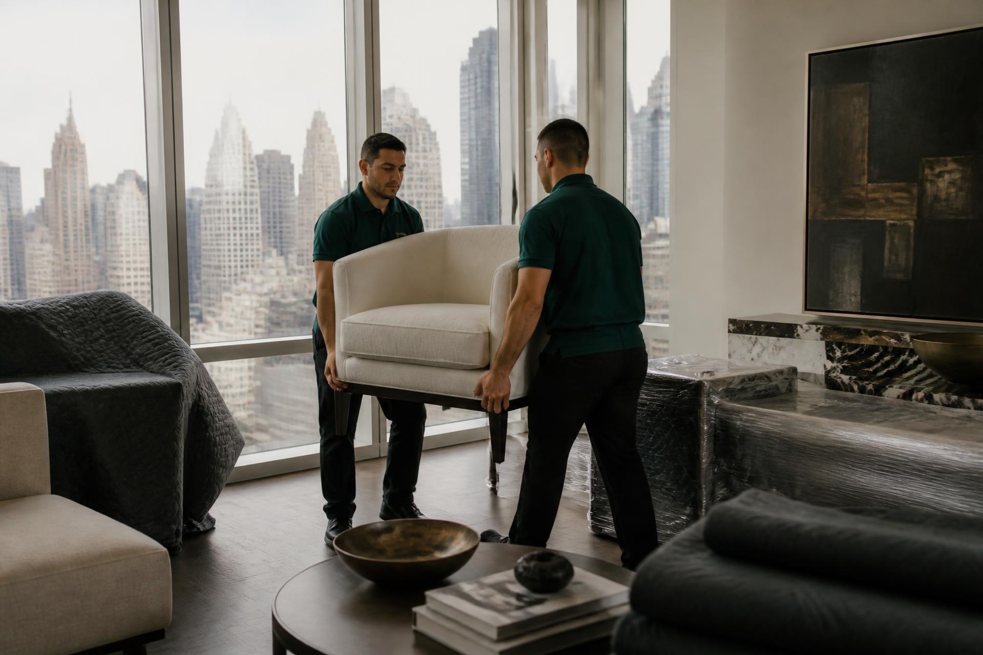 Professional NYC Movers carrying an armchair through a Manhattan apartment